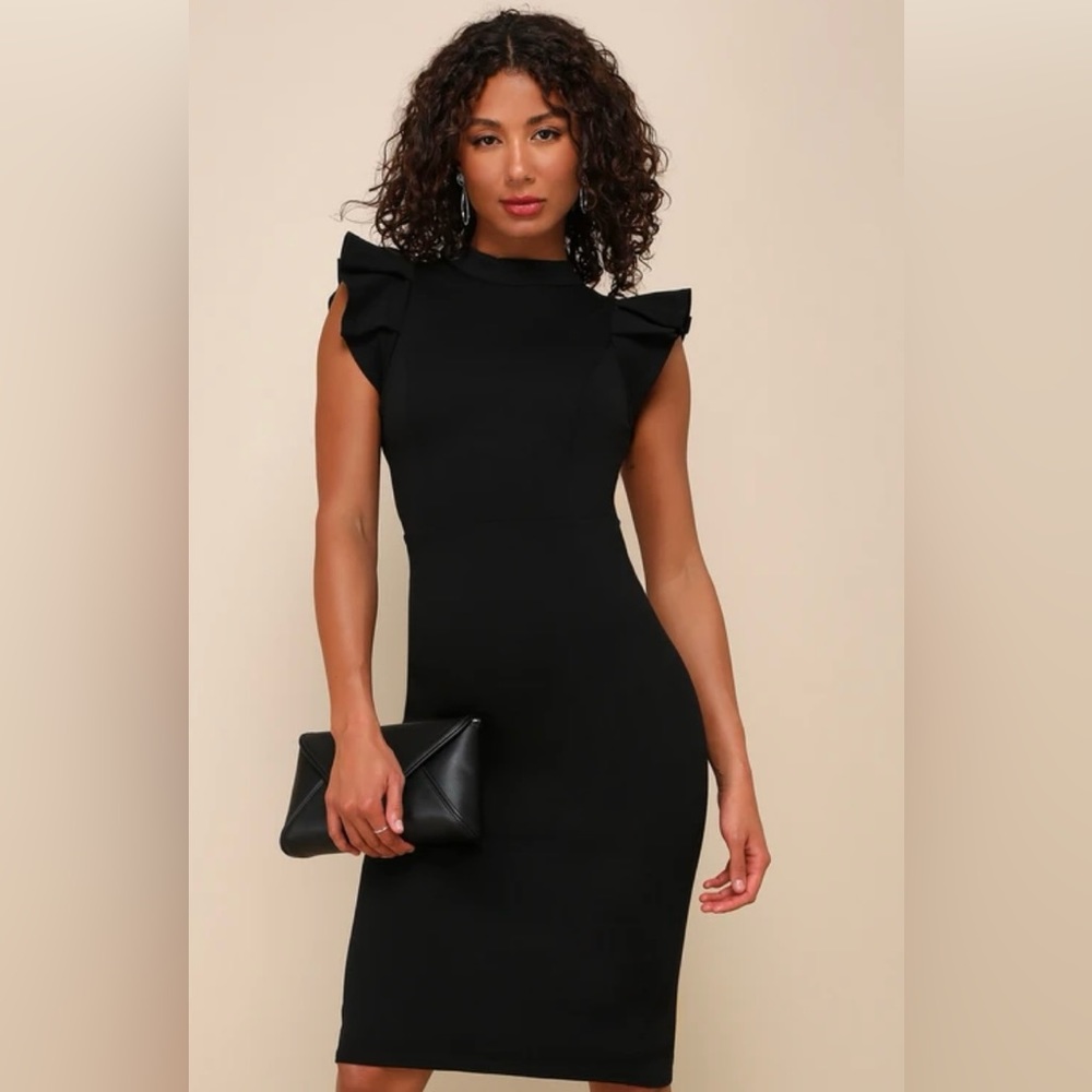 NWT Lulu’s Black Backless Ruffle Bodycon Midi Dress size XS Wedding Guest Dress